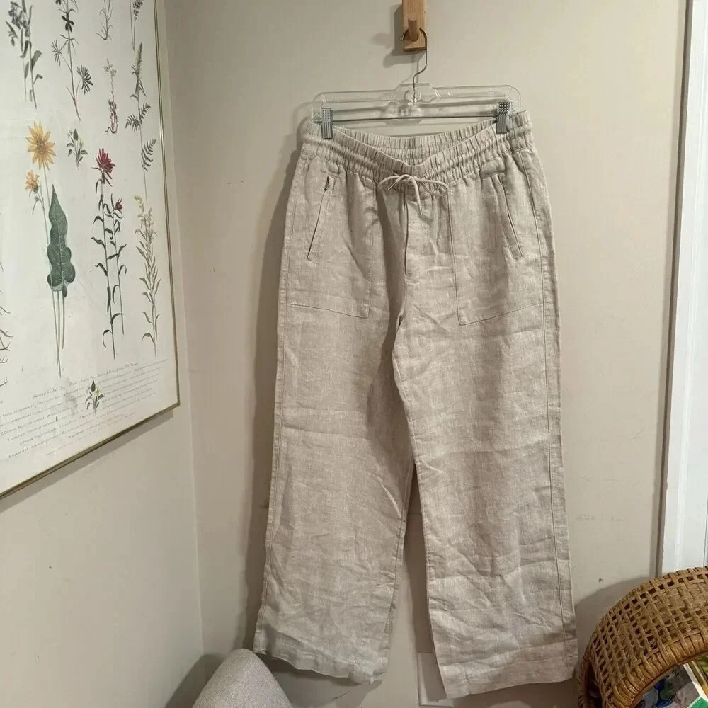 ATHLETA Retreat Linen Mid Rise Wide Leg Pants Womens Size Medium Undyed